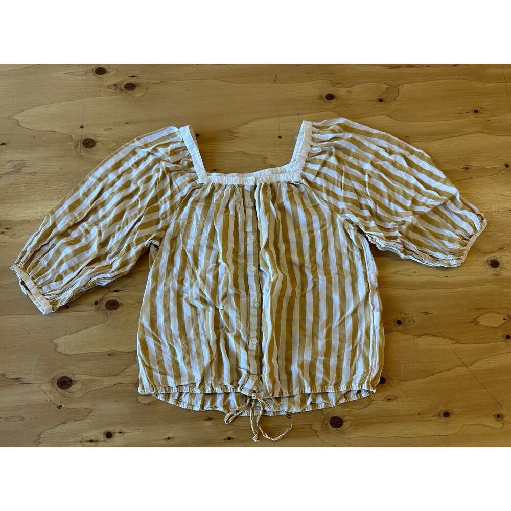 Lucky Brand Striped Blouse Women Medium Yellow Tie Front Boho Button Down